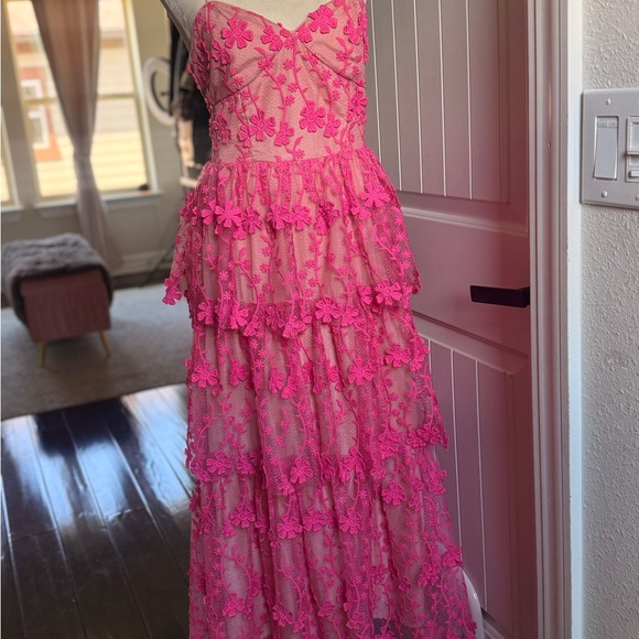 Endless Rose Hot Pink Lace Tiered Spaghetti Strap Maxi Dress - Picture 5 of 9